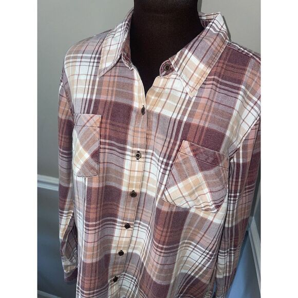 NWT‎ Natural Reflections Womens Wine Plaid Acid Wash Shirt XL - Picture 1 of 6